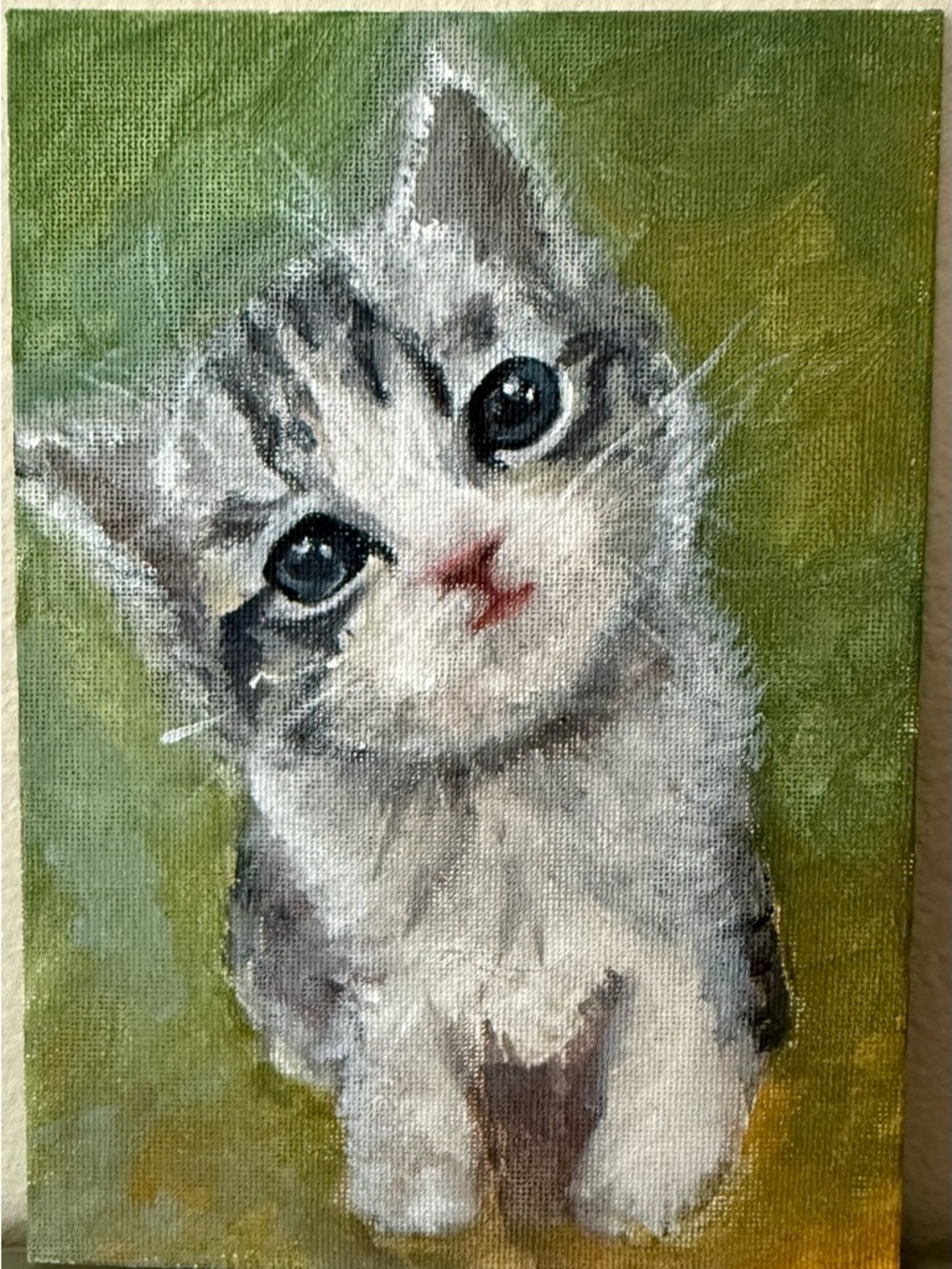 Adorable Kitten Canvas Painting in Green and White